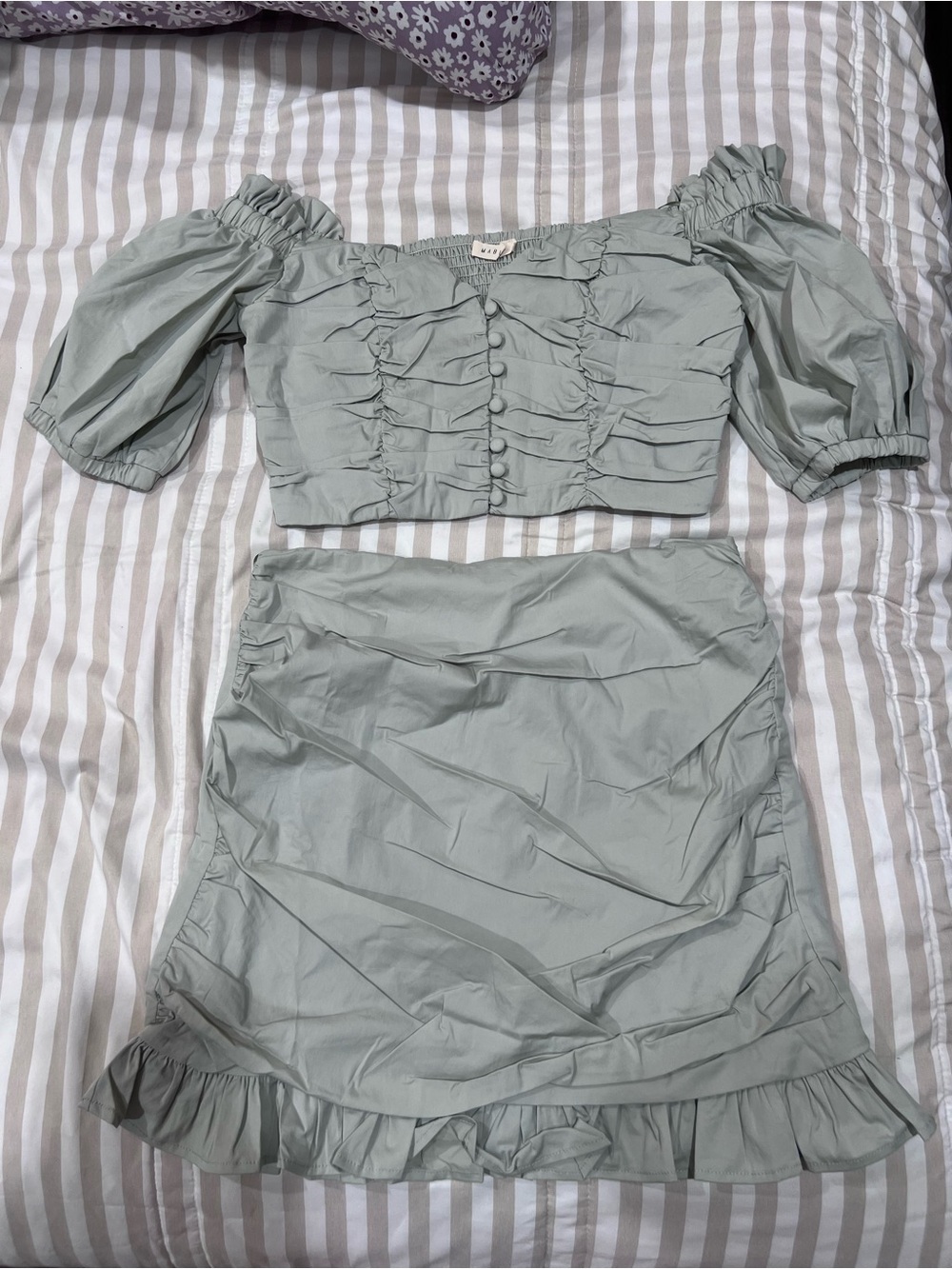 Zara Light Sage Green Ruffle Mini Skirt Set